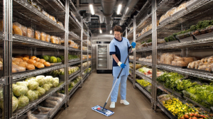 Mitarbeiterin des RWS Gebäudeservice reinigt den Boden in einem Kühlraum mit Lebensmitteln.