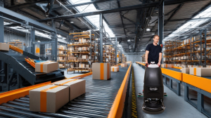 Mitarbeiter des RWS Gebäudeservice reinigt den Boden einer Logistikhalle mit einer Maschine, während Förderbänder Pakete transportieren.