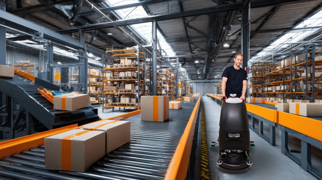 Mitarbeiter des RWS Gebäudeservice reinigt den Boden einer Logistikhalle mit einer Maschine, während Förderbänder Pakete transportieren.