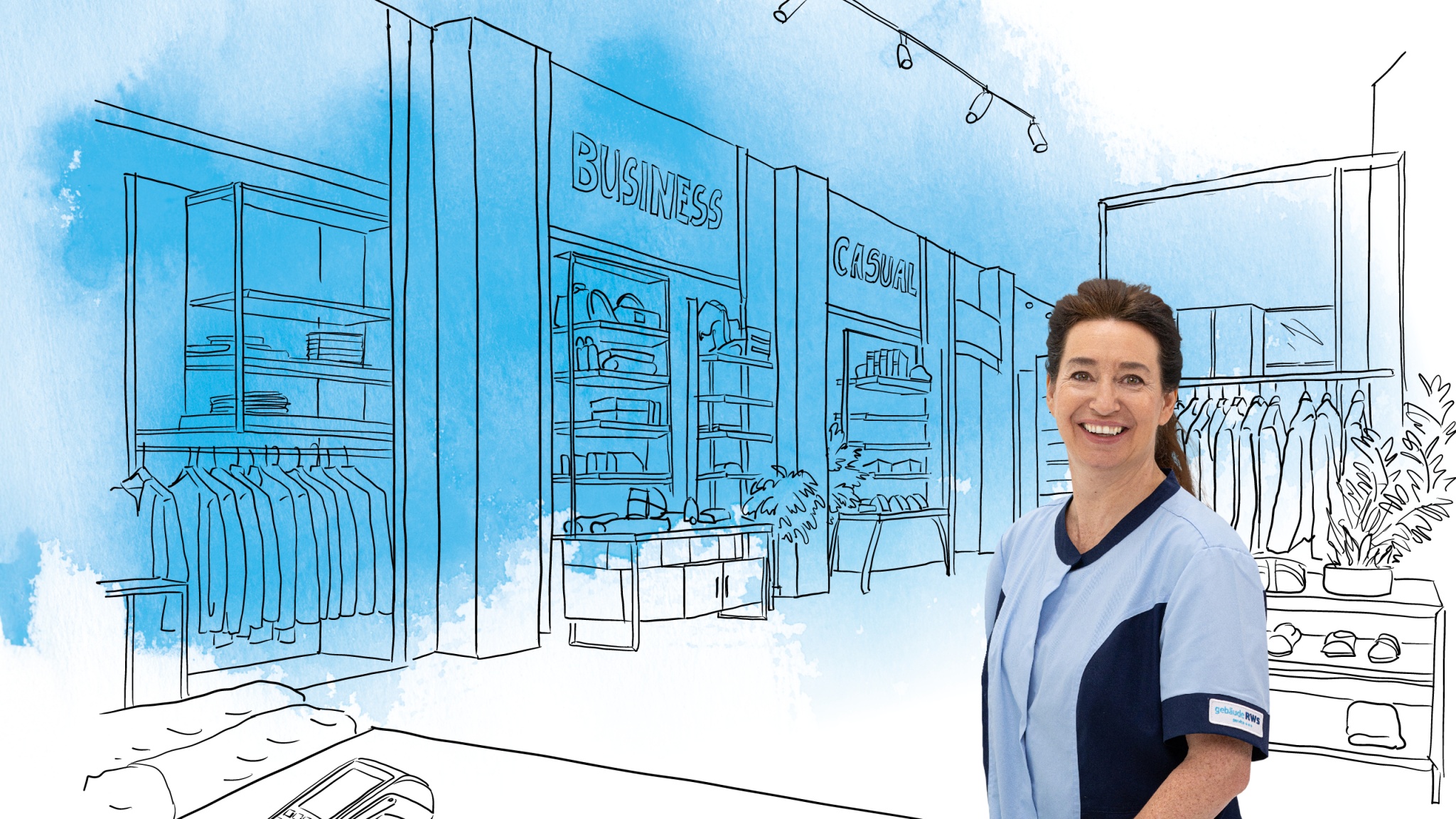 Eine Mitarbeiterin des RWS Gebäudeservice steht vor der Illustration eines Bekleidungsgeschäfts mit Verkaufsregalen und Kleiderstangen.