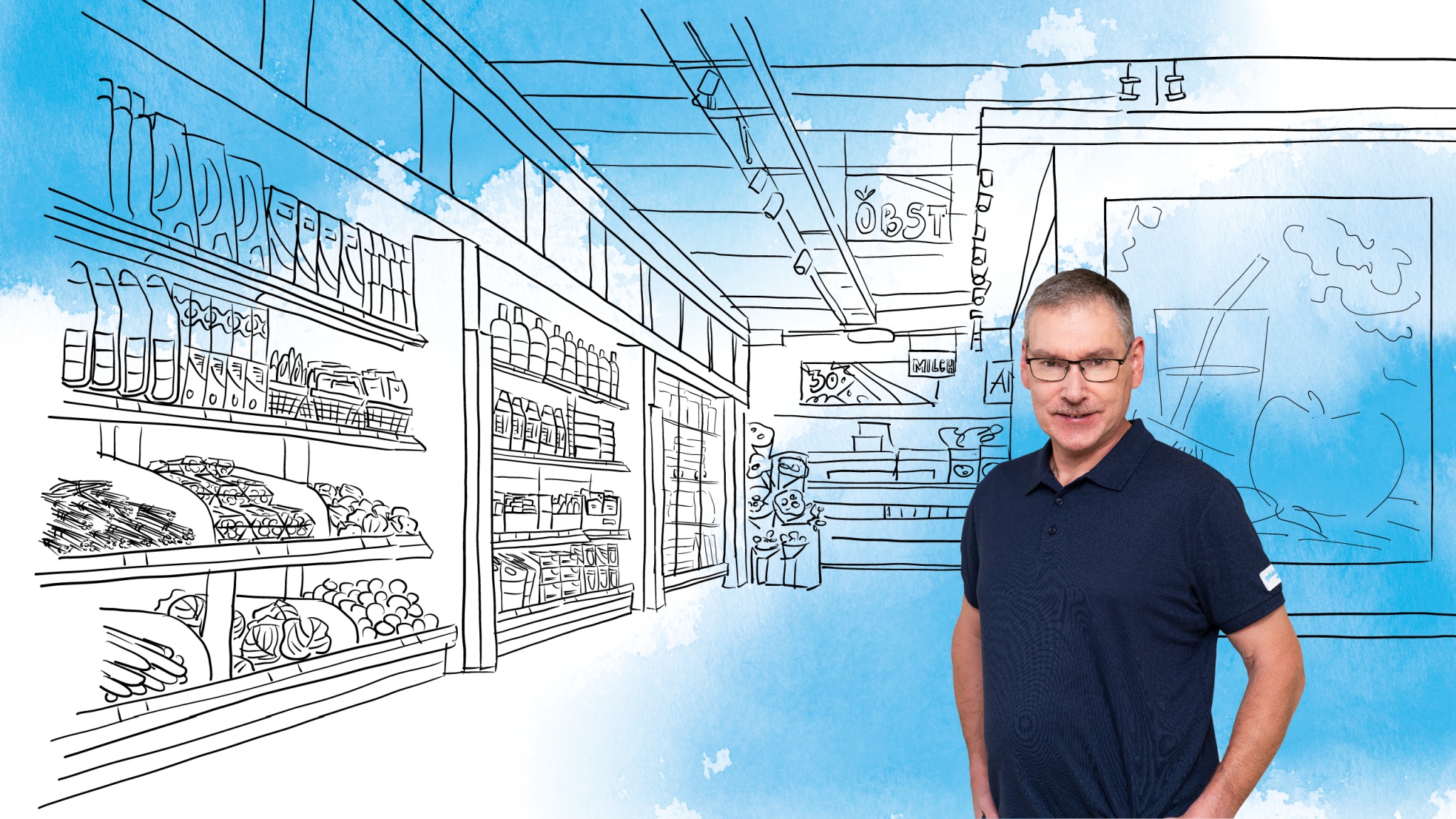 Ein Mitarbeiter von RWS Gebäudeservice steht vor der Illustration eines Supermarktes mit Regalen und Obstabteilung.