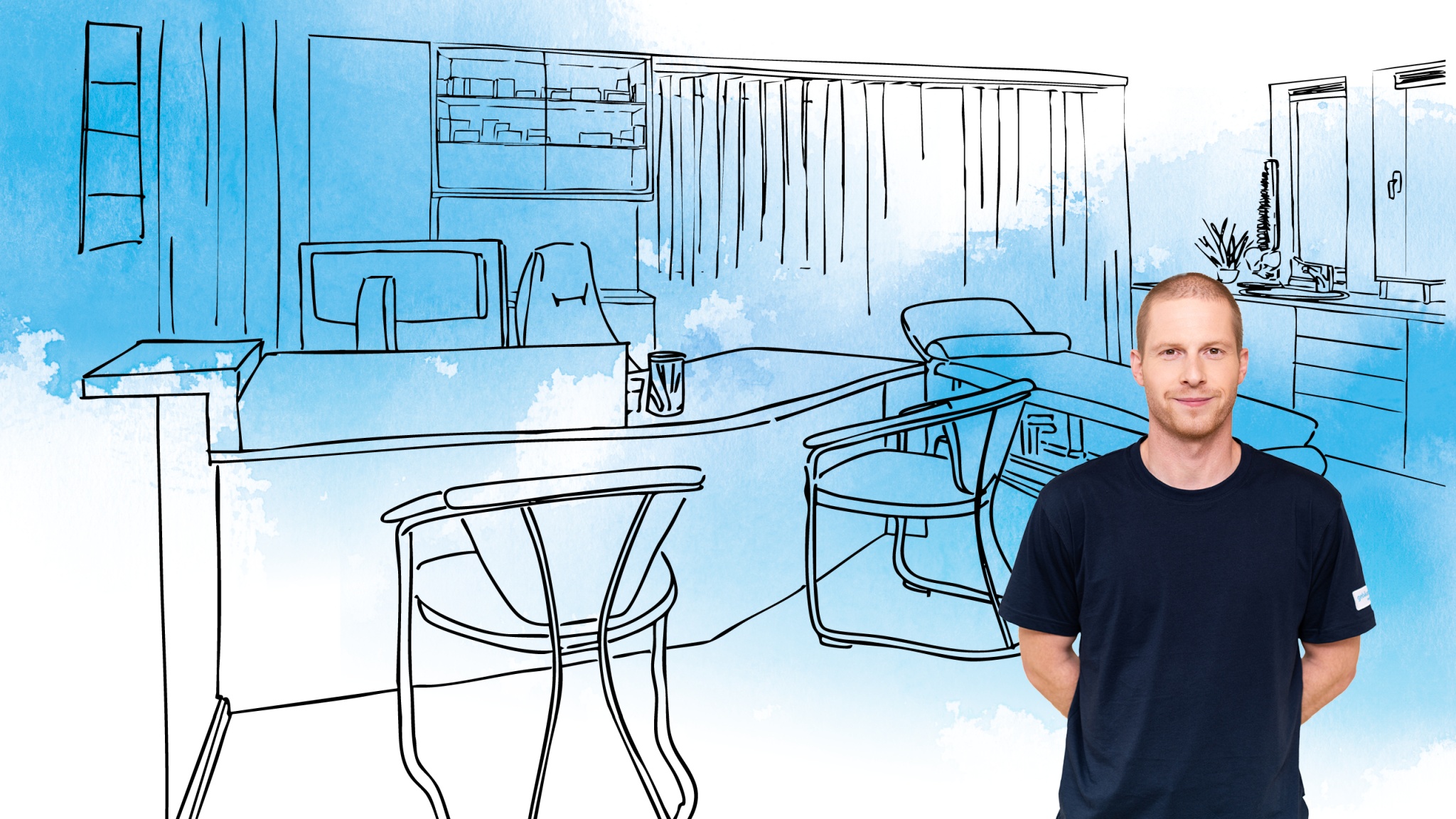 RWS Mitarbeiter vor illustrativ gestaltetem Behandlungszimmer einer Arztpraxis