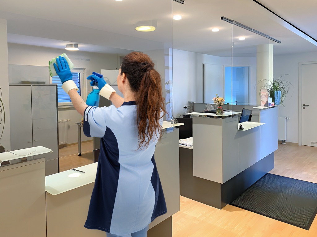 RWS Gebäudeservice Mitarbeiterin reinigt Empfangsbereich einer Arztpraxis für saubere und hygienische Oberflächen.