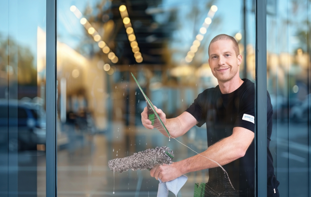 Mitarbeiter von RWS Gebäudeservice reinigt mit professionellem Werkzeug die Fenster eines Bürogebäudes.