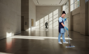 Mitarbeiterin von RWS Gebäudeservice wischt den Boden in einer großen Museumshalle mit Kunstwerken.