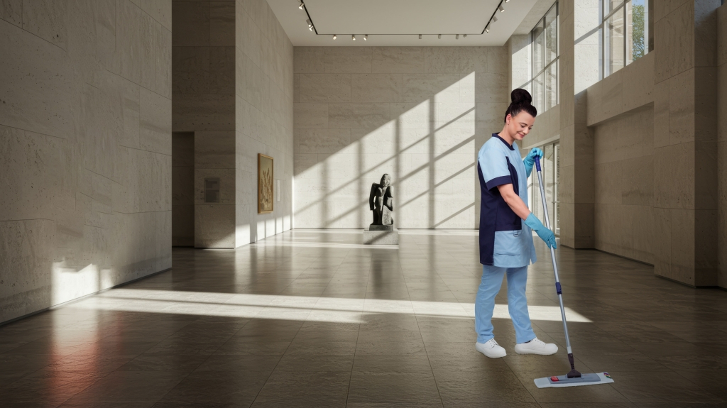 Mitarbeiterin von RWS Gebäudeservice wischt den Boden in einer großen Museumshalle mit Kunstwerken.