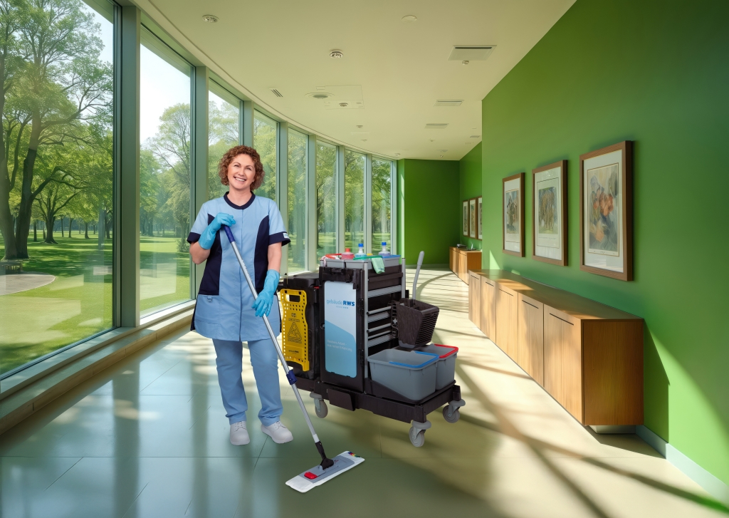 Mitarbeiterin von RWS Gebäudeservice mit Reinigungswagen im lichtdurchfluteten Flur einer Galerie mit grünen Wänden.